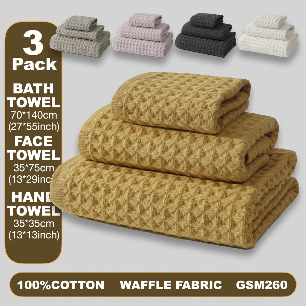 Premium Waffle Pattern Towel Set ,100% Cotton,Ultra-Absorbent & Soft,35x35cm Hand, 35x80cm Face, 70x140cm Bath,Bath Essentials