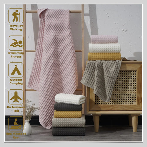 Premium Waffle Pattern Towel Set ,100% Cotton,Ultra-Absorbent & Soft,35x35cm Hand, 35x80cm Face, 70x140cm Bath,Bath Essentials